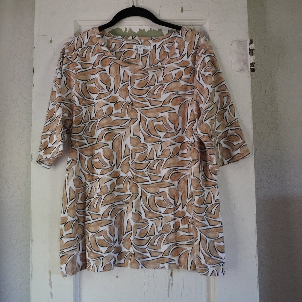 Chico's Abstract Leaf Print Pima Cotton Short Sleeve Top T-Shirt Blouse